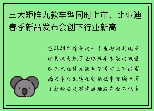 三大矩阵九款车型同时上市，比亚迪春季新品发布会创下行业新高