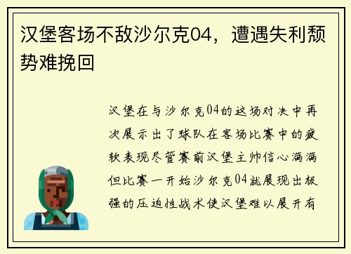 汉堡客场不敌沙尔克04，遭遇失利颓势难挽回