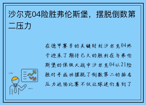 沙尔克04险胜弗伦斯堡，摆脱倒数第二压力