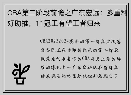 CBA第二阶段前瞻之广东宏远：多重利好助推，11冠王有望王者归来