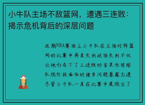 小牛队主场不敌篮网，遭遇三连败：揭示危机背后的深层问题