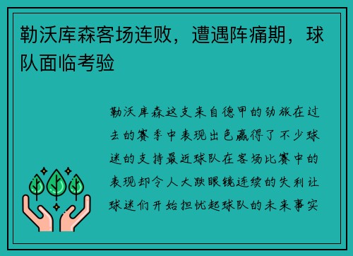 勒沃库森客场连败，遭遇阵痛期，球队面临考验