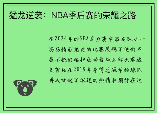 猛龙逆袭：NBA季后赛的荣耀之路