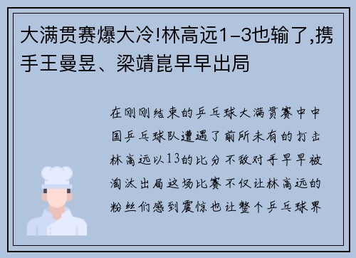 大满贯赛爆大冷!林高远1-3也输了,携手王曼昱、梁靖崑早早出局